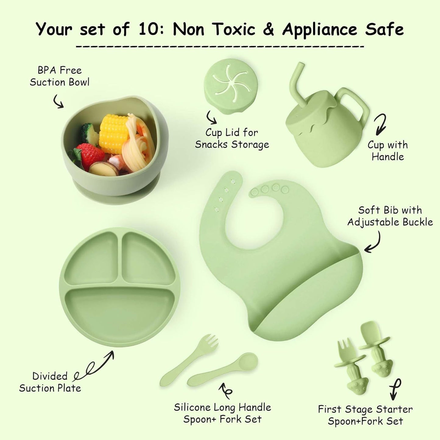 TinyTummy Dishes - Green 10 Piece Baby Feeding Set